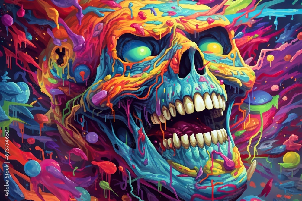 Abstract swirling art with vibrant colors depicting a sinister skull with a fiery mane in a fantasy style.