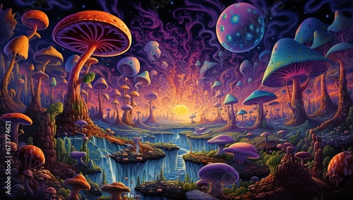 Dreamlike landscape at sunset dominated by giant mushrooms and waterfalls, radiating a magical light reminiscent of a scene from a dream or fantasy.