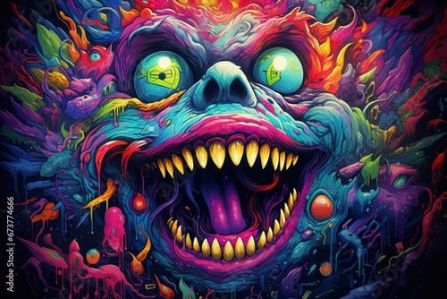 Bright and psychedelic illustration of a smiling monster with large eyes and sharp teeth set against a whirl of abstract shapes and colorful splashes. © volga