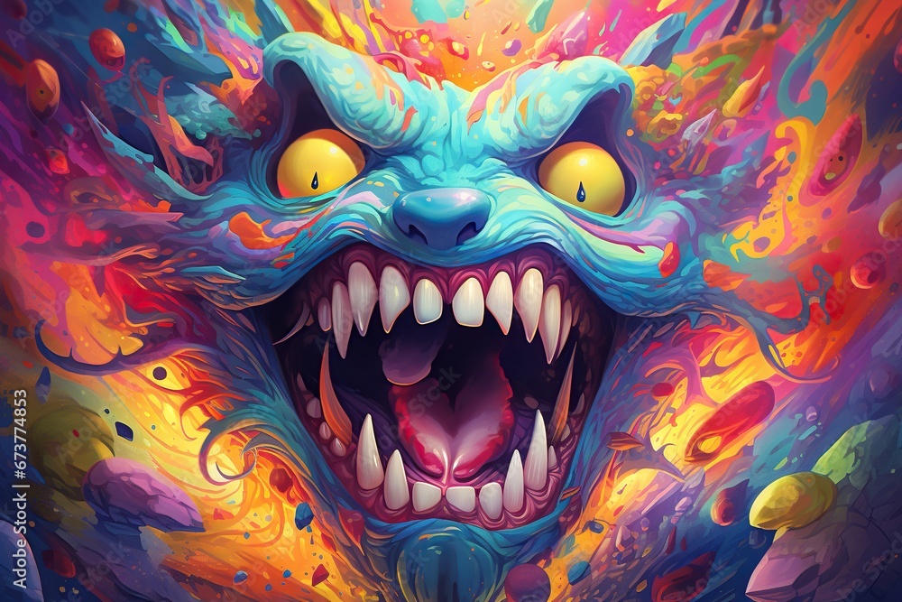 Bright and psychedelic illustration of a smiling monster with large eyes and sharp teeth set against a whirl of abstract shapes and colorful splashes.