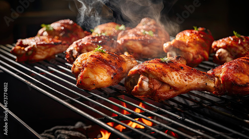 grilled meat on the grill  juicy seasoned chicken drumsticks on a grill 