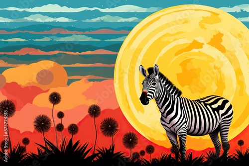 Graphic illustration of a zebra against a large stylized sun  surrounded by a multi-layered landscape with haze and silhouetted vegetation in the foreground.