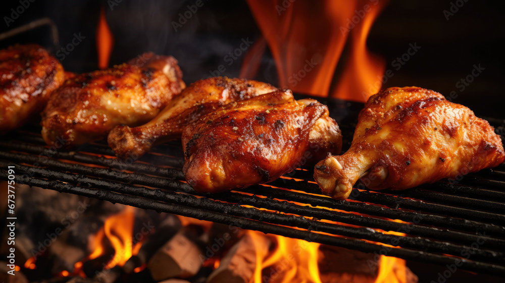 grilled meat on the grill, juicy seasoned chicken drumsticks on a grill grilled meat on the grill, juicy seasoned chicken drumsticks on a grill
