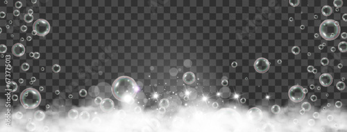Air bubbles on a transparent background. Soap foam vector illustration.	

