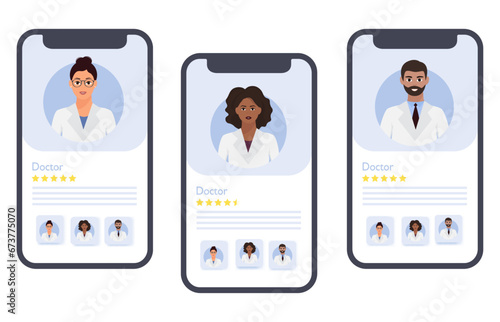 Mobile medical app with different doctors on the smartphone screen. Online consultation with a medical personnel banner concept	