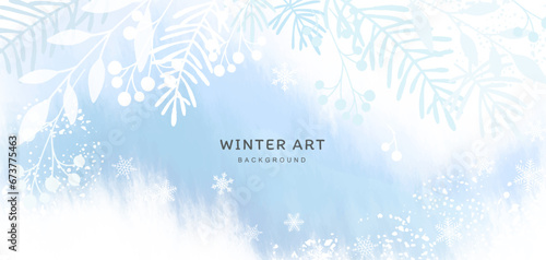 Winter snowy vector background with watercolor texture, white pine branches, berries and snowflakes. Artistic abstract Christmas design for poster, wallpaper, banner, greeting card, advertisement