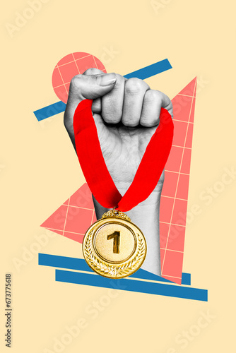 Vertical collage picture of black white colors arms hold first place champion gold medal isolated on beige background
