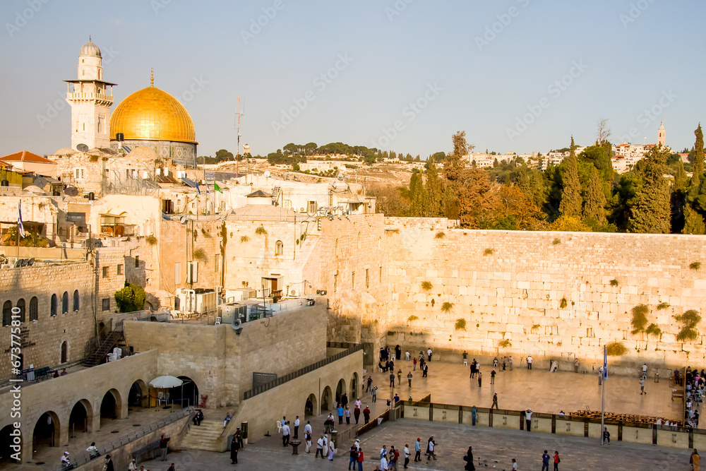 The Al-Aqsa mosque, Qibli Mosque or Qibli Chapel, المصلى القبلي, on the Temple Mount, old town of Jerusalem. Golden dome and ancient stone buildings. 