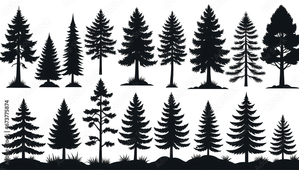Nature in Black and White: Spruce and Fire Vector Set on transparent background,png