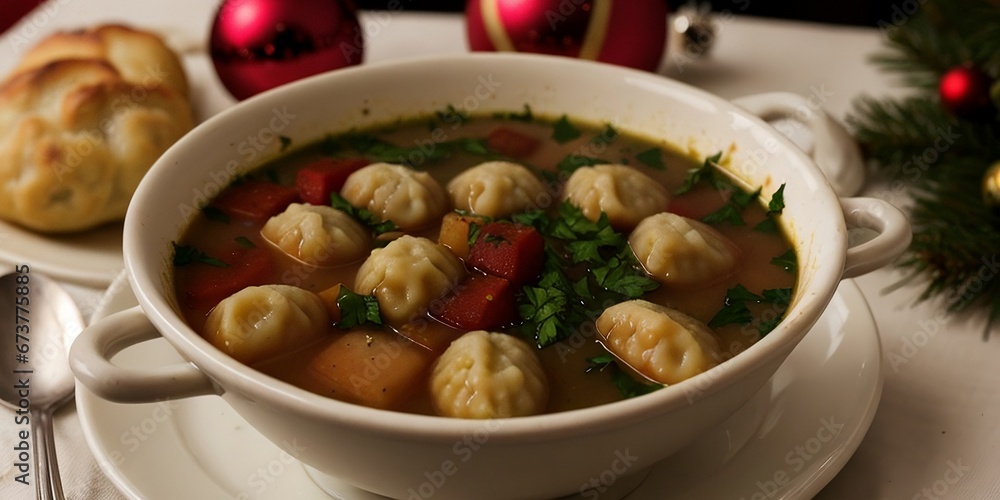 Close-up of a delicious Christmas borscht with dumplings, background with copy space Close-up of a delicious Christmas borscht with dumplings, background with copy space