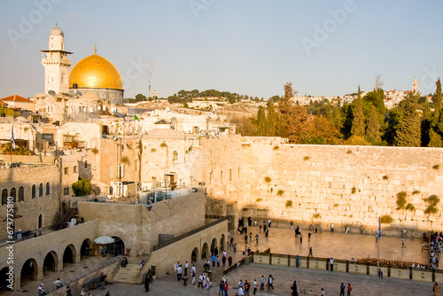 The Al-Aqsa mosque, Qibli Mosque or Qibli Chapel, المصلى القبلي, on the Temple Mount, old town of Jerusalem. Golden dome and ancient stone buildings. 