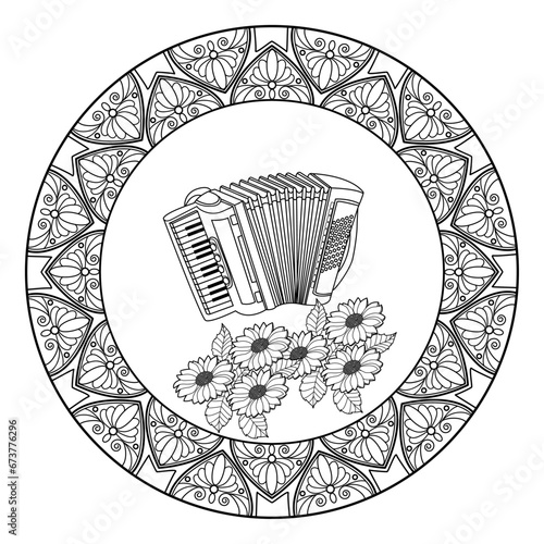 Vector illustration of a mandala frame with accordion and sunflowers for coloring book, cornice mandala vettoriale con fisarmonica e girasoli da colorare antistress