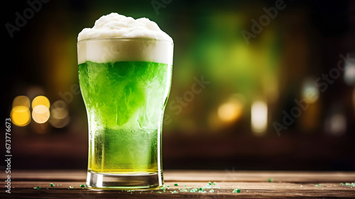 Closeup of vibrant green beer on a bar counter, Saint Patrick's Day celebration