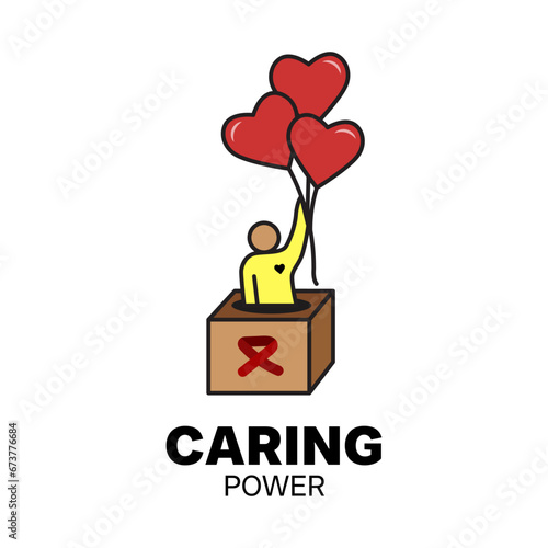 Illustration of a charity poster for a fundraising event. Charity event favor logo. Illustration of a person in a charity box holding a heart-shaped balloon