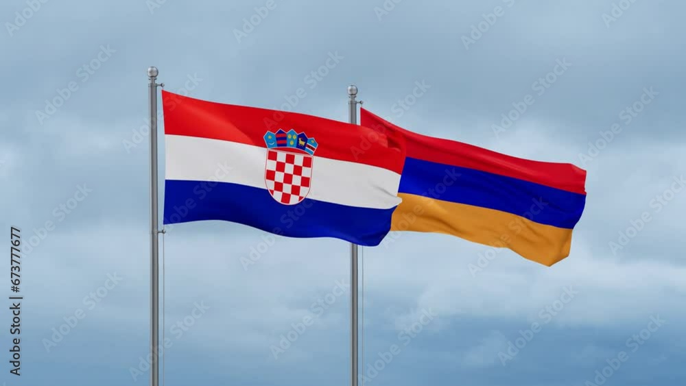 Armenia and Croatia flag waving together on cloudy sky, endless seamless loop, two country cooperation concept Armenia and Croatia flag waving together on cloudy sky, endless seamless loop, two country cooperation concept