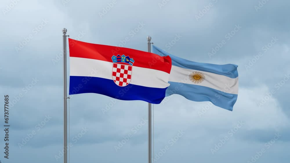 Argentina flag and Croatia flag waving together on cloudy sky, endless seamless loop, two country relations concept Argentina flag and Croatia flag waving together on cloudy sky, endless seamless loop, two country relations concept
