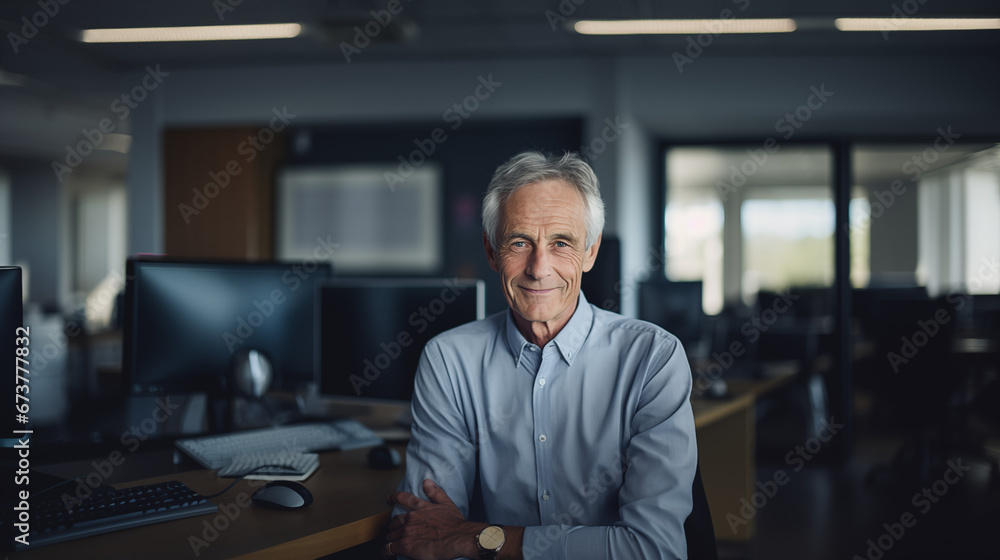 Confident Smiling Elderly Businessman in Modern Office Environment Confident Smiling Elderly Businessman in Modern Office Environment