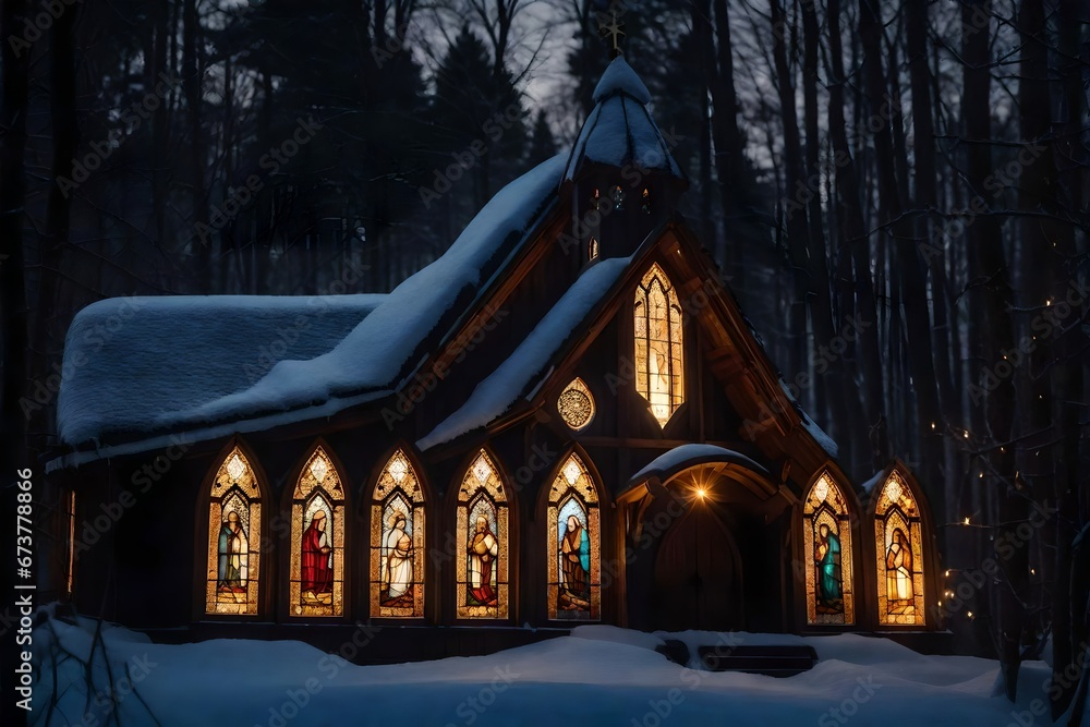 A peaceful church in a snow-covered village with a candlelit Christmas Eve service taking place inside