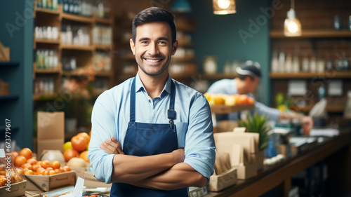 portrait of smiling senior man at supermarket with crossed arms
