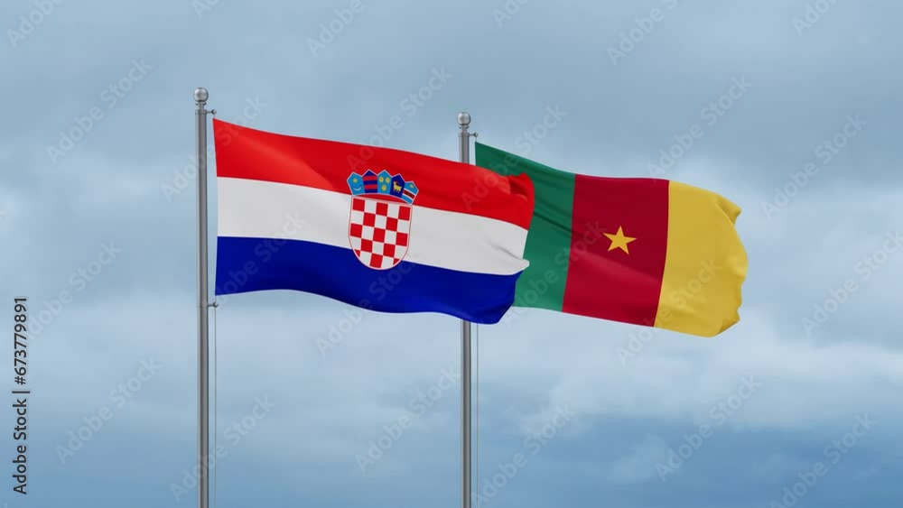 Cameroon flag and Croatia flag waving together on cloudy sky, endless seamless loop, two country relations concept Cameroon flag and Croatia flag waving together on cloudy sky, endless seamless loop, two country relations concept