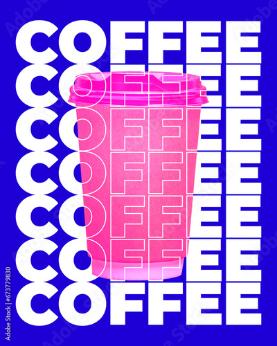 Carton coffee cup on blue background with white text. Coffee to go, take away service. Contemporary art collage. Concept of popular drink, abstract art, creativity, color, taste. Poster, ad photo