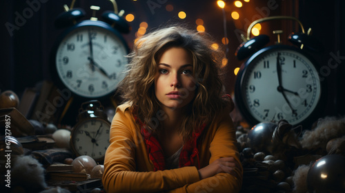 young woman with alarm clock