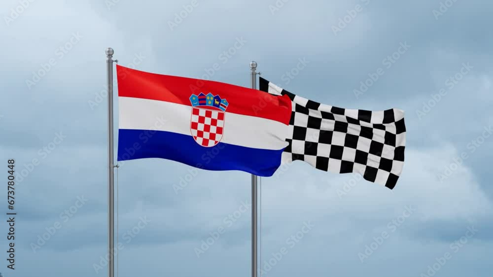 Croatia flag and racing checkered flag waving together on cloudy sky, endless seamless loop Croatia flag and racing checkered flag waving together on cloudy sky, endless seamless loop