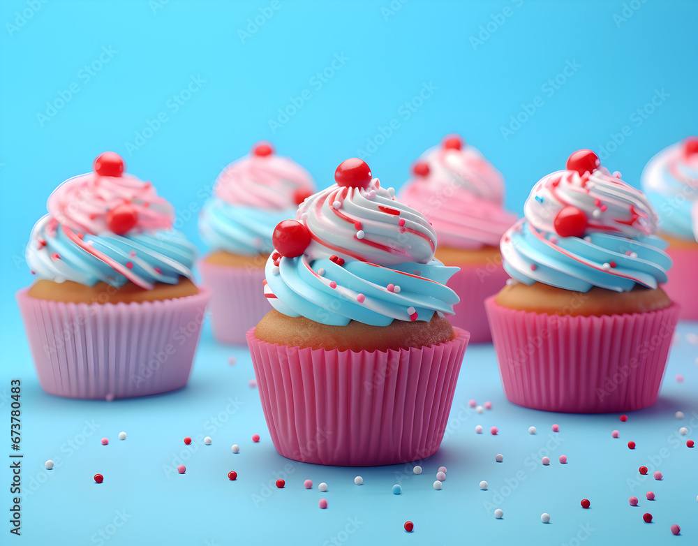 Wallpaper of Neatly Aligned Pink Cupcakes on a Blue Background - Sweet Composition Concept Wallpaper of Neatly Aligned Pink Cupcakes on a Blue Background - Sweet Composition Concept