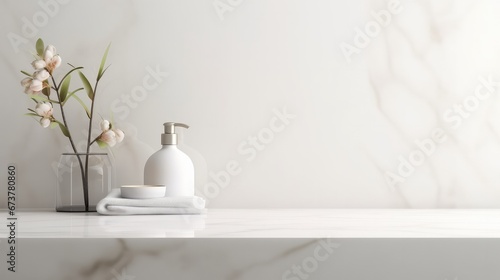 Modern bathroom interior with white tones. Empty marble table top for product display with blurred bathroom interior background. photo
