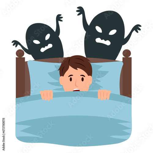 Man  feels fear, anxiety and confusion in bed. Scary monsters, nightmares..Vector illustration isolated on white background