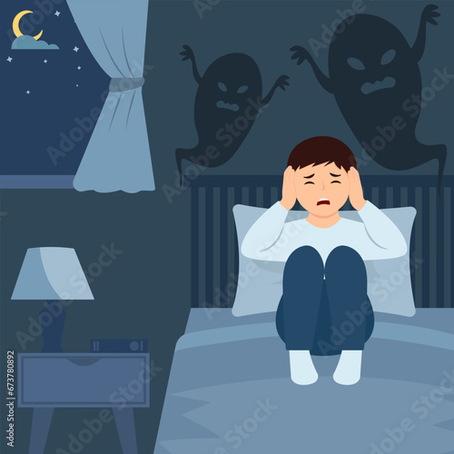 Fear of darkness concept. Child scared of monster from nightmare. Boy is Lying in bed without sleep and being afraid of ghost. Flat vector illustration