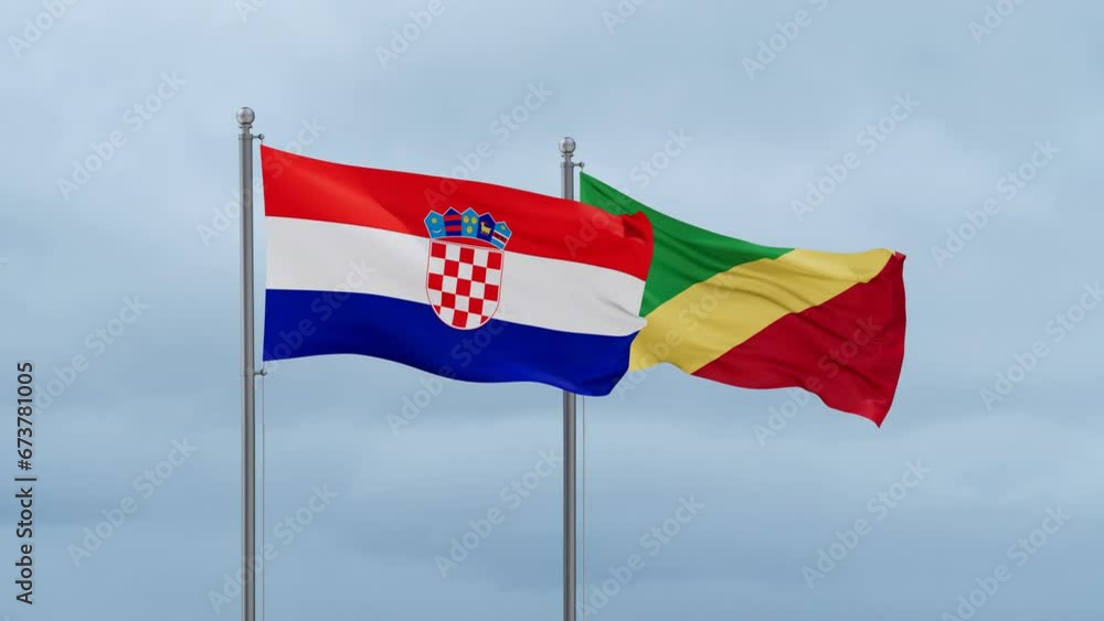 Republic of the Congo flag and Croatia flag waving together on cloudy sky, endless seamless loop, two country relations concept Republic of the Congo flag and Croatia flag waving together on cloudy sky, endless seamless loop, two country relations concept