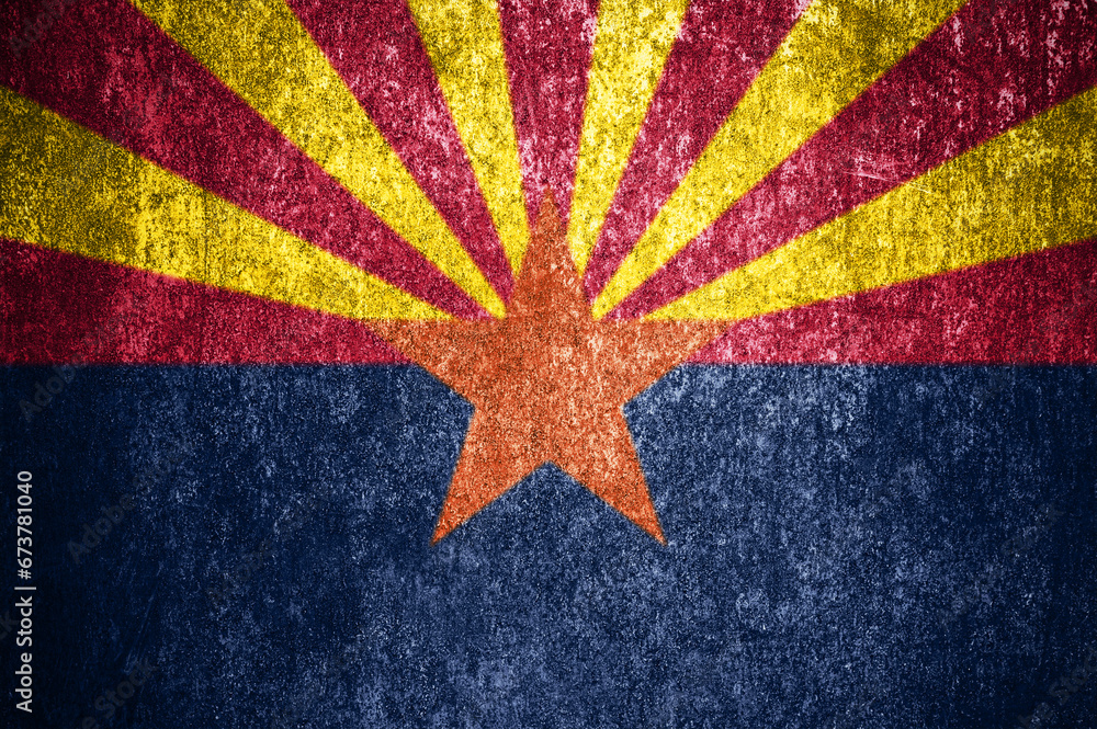 Close-up of the grunge Arizona state flag. Dirty Arizona state flag on a metal surface. - obrazy, fototapety, plakaty 