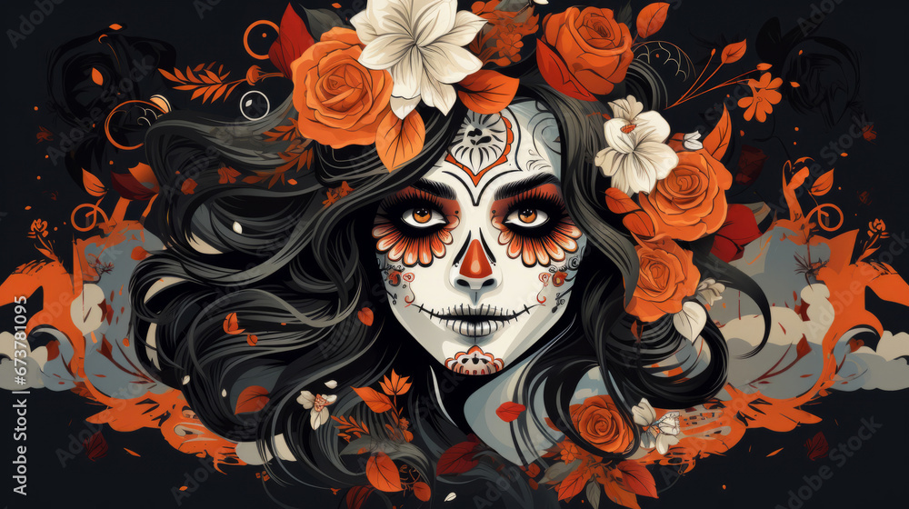 Sugar skull girl with floral background, day of the dead, illustrated. Sugar skull girl with floral background, day of the dead, illustrated.
