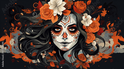 Sugar skull girl with floral background, day of the dead, illustrated. © Joel/Peopleimages - AI