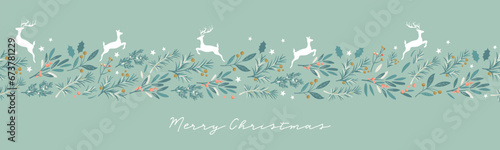 Beautiful winter greenery and deer seamless pattern - hand drawn and detailed, great for christmas textiles, banners, wrappers, wallpapers - vector surface design