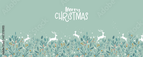 Beautiful winter greenery and deer seamless pattern - hand drawn and detailed, great for christmas textiles, banners, wrappers, wallpapers - vector surface design