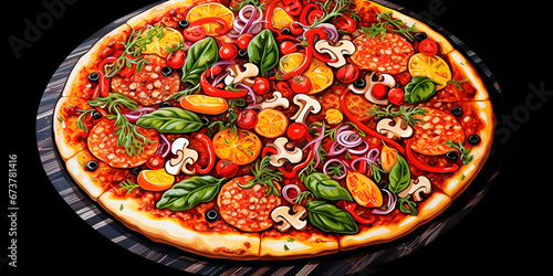 Flat lay of pizza on black background, Prepared pizza on table for serve Freshly baked homemade pizza isolated on a black background. generative AI