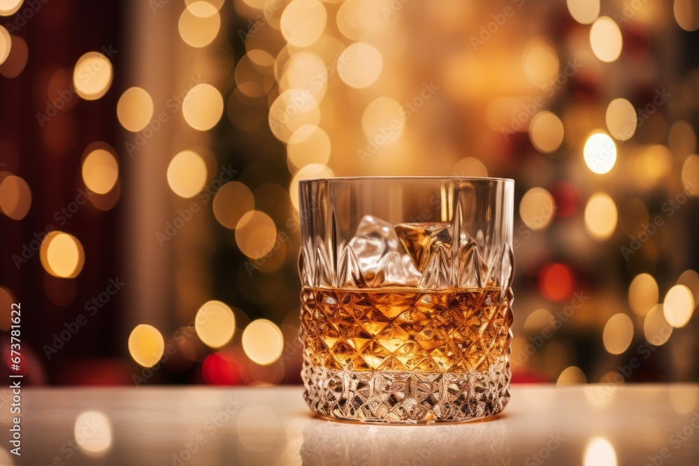 Glass of whiskey on rocks with Christmas lights at background Glass of whiskey on rocks with Christmas lights at background