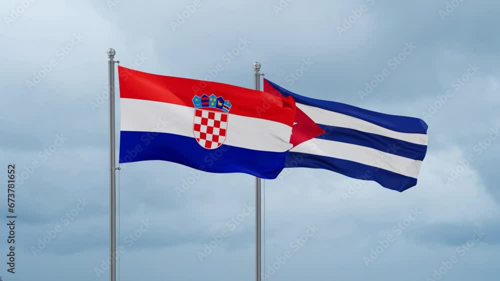 Cuba and Croatia flag waving together on cloudy sky, endless seamless loop, two country cooperation concept Cuba and Croatia flag waving together on cloudy sky, endless seamless loop, two country cooperation concept