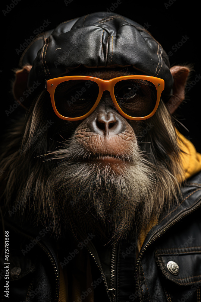 Portrait of a monkey in a cap and sunglasses Portrait of a monkey in a cap and sunglasses