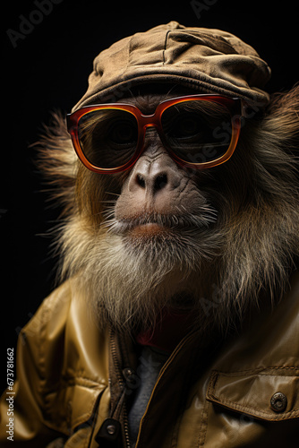 Portrait of a monkey in a cap and sunglasses