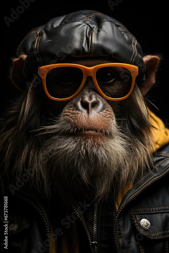 Portrait of a monkey in a cap and sunglasses
