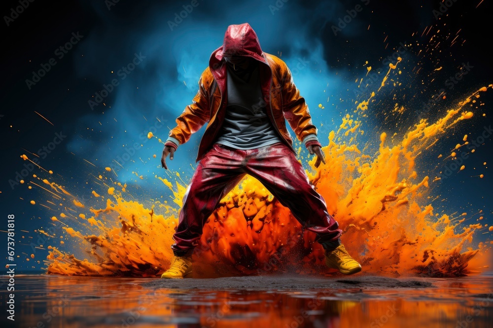 Male hip hop dancer is performing a spectacular dance on the background of colorful smoke. Concept of dance, youth, hobby, dynamics, movement and action - obrazy, fototapety, plakaty 
