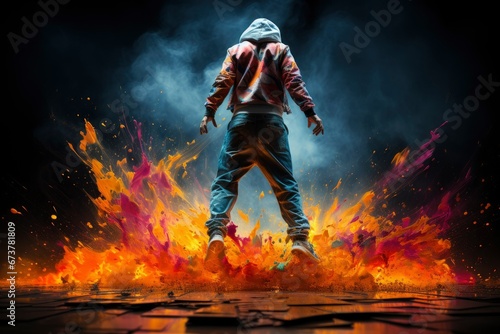 Male hip hop dancer is performing a spectacular dance on the background of colorful smoke. Concept of dance, youth, hobby, dynamics, movement and action photo