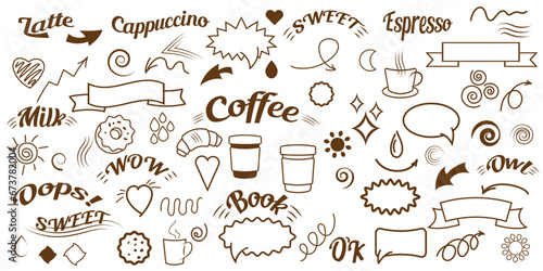coffee icons and doodle, Print for design of cafe menus and flyers, tea cup, coffee beans, of hand drawn elements for design elements