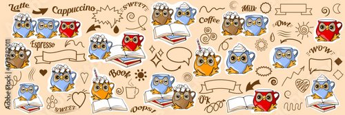 coffee break, reading books, cute owls,  cup, coffee. vector illustration of hand - drawn cartoon illustration of coffee break. coffee break concept with reading and