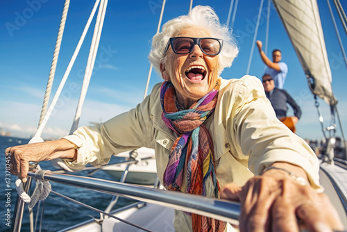 Happy grandma rides a boat in the sea