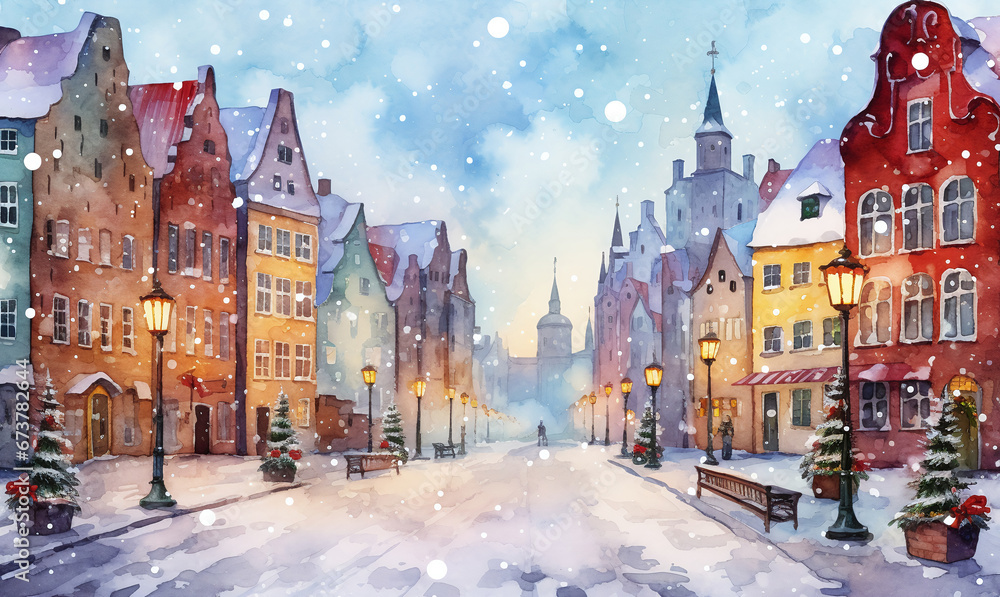 Street in a town in Europe with beautiful colourful buildings in winter, empty streets and snow falling, Christmas eve. - obrazy, fototapety, plakaty 