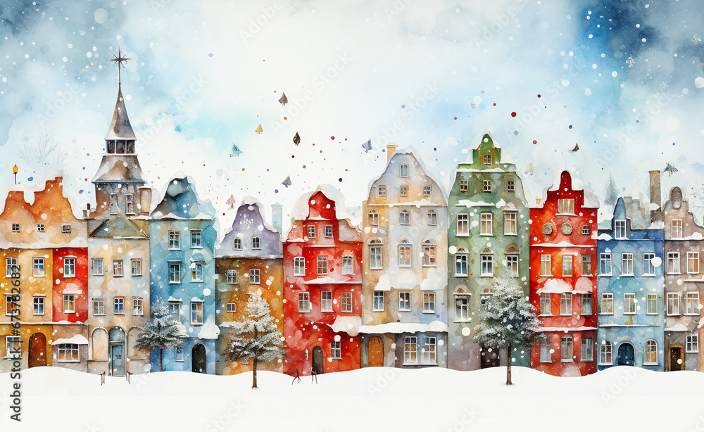 Cute colourful town in winter during snowy Christmas holidays, vintage holiday greeting card, nordic architecture, fairy tale like. - obrazy, fototapety, plakaty 